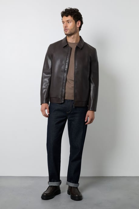 Dark Brown Faux Leather Zip Up Jacket - Image 4