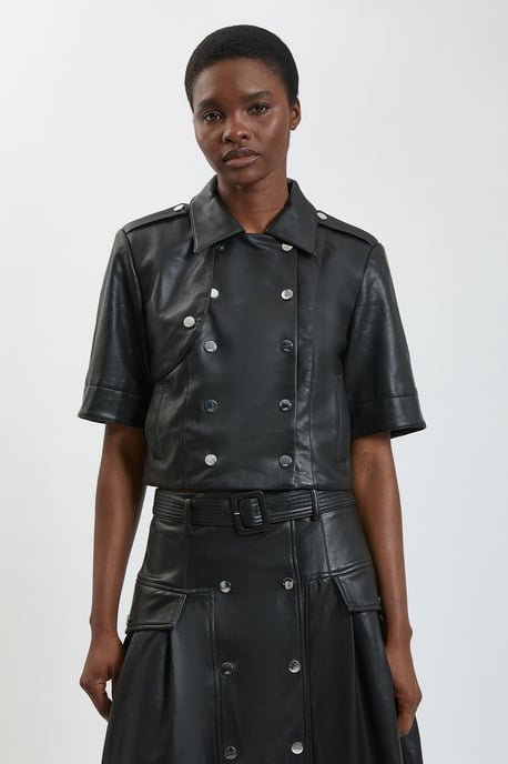 Faux Leather Cropped Trench Jacket - Image 1