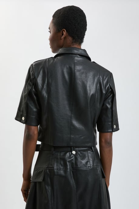 Faux Leather Cropped Trench Jacket - Image 3