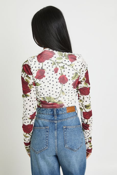 Rose Polka Dot Printed Mesh Ruched Neckline Longsleeve Bodysuit - Image 2