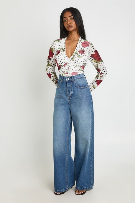 Rose Polka Dot Printed Mesh Ruched Neckline Longsleeve Bodysuit - Image 3
