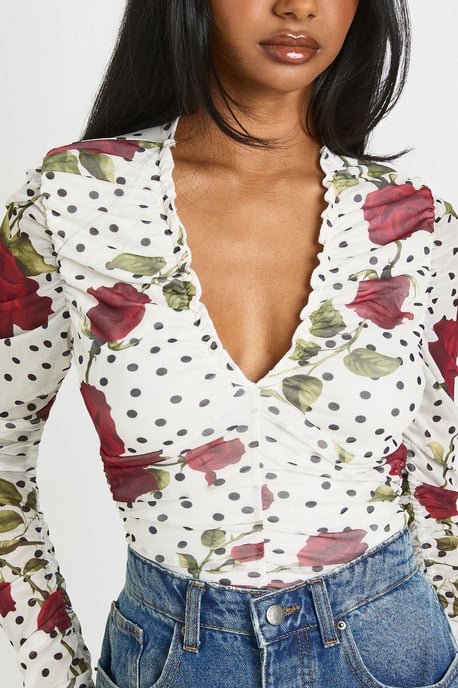 Rose Polka Dot Printed Mesh Ruched Neckline Longsleeve Bodysuit - Image 4
