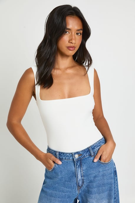 Petite Double Layer Slinky Square Neck Sleeveless Bodysuit - Image 1