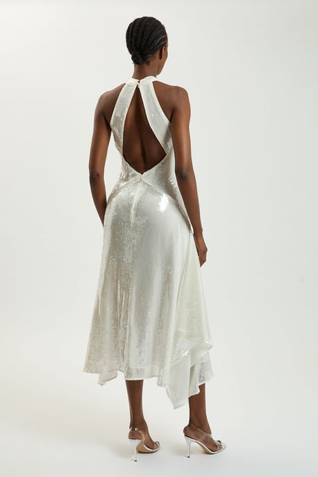 Petite Sequin Halter Neck Hanky Hem Maxi Dress - Image 3