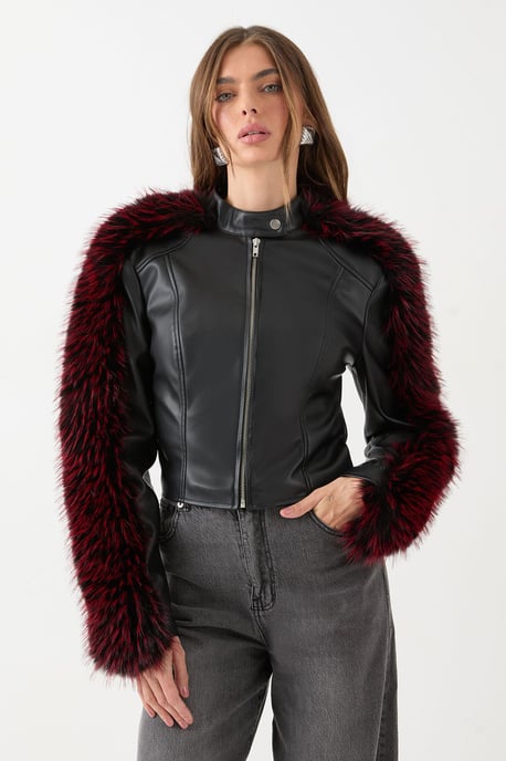 Premium Fur Sleeve Moto Jakcet - Image 1