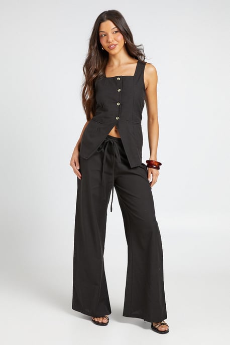 Linen Look Square Neck Waistcoat And Tailored Wide Leg Trousers Co-Ord - Image 1