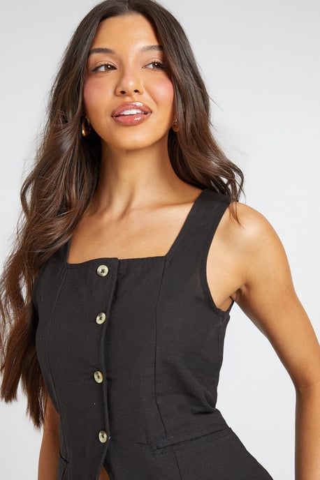 Linen Look Square Neck Waistcoat And Tailored Wide Leg Trousers Co-Ord - Image 4