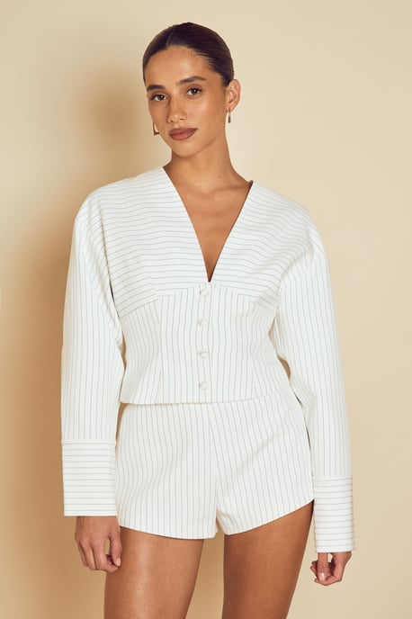 Collarless Pinstripe Tailored Jacket - Image 2