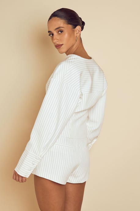 Collarless Pinstripe Tailored Jacket - Image 3