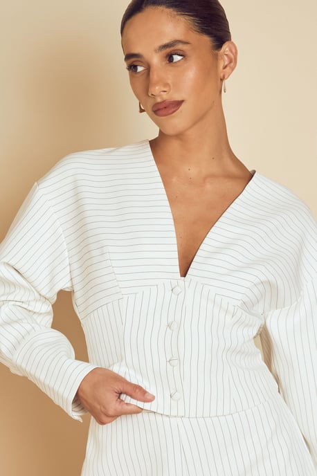 Collarless Pinstripe Tailored Jacket - Image 4