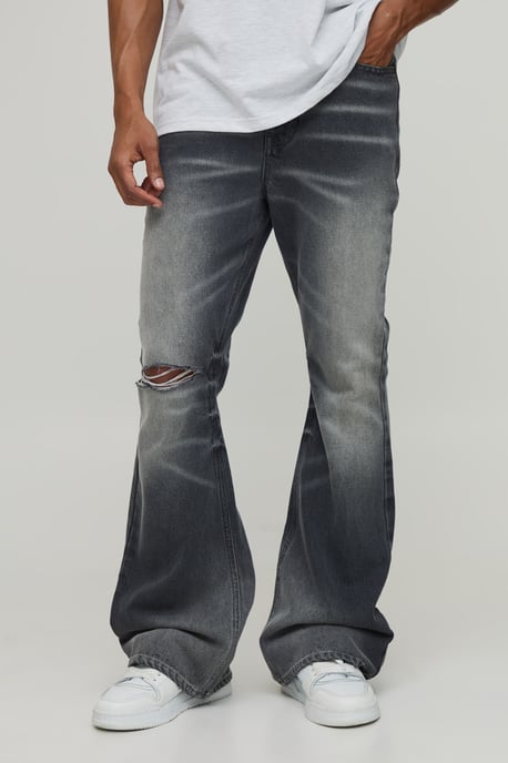 Crease Wash Ripped Knee Flared Jeans - Image 1