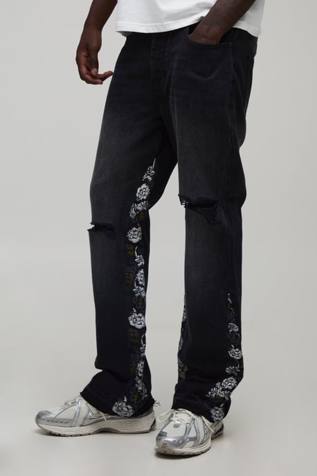 Floral Gusset Ripped Knee Slim Flared Jeans - Image 1