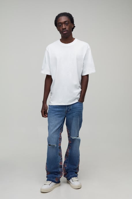 Floral Gusset Ripped Knee Slim Flared Jeans - Image 4