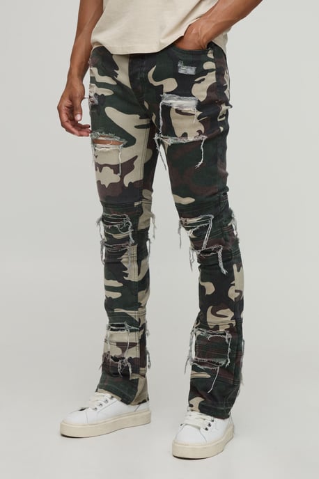 Camo Stacked Skinny Flared Distressed Jeans - Image 1