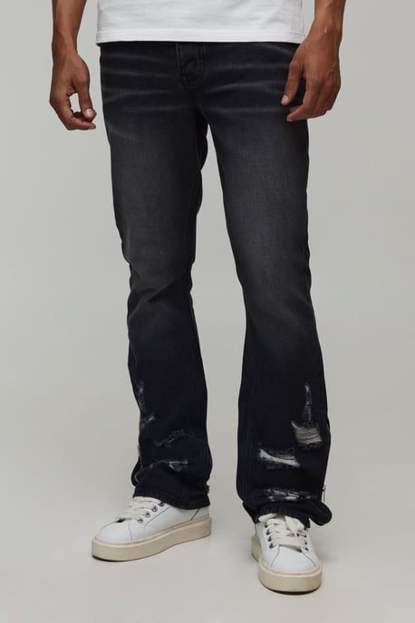 Ripped Zip Hem Slim Stacked Flared Jeans - Image 1
