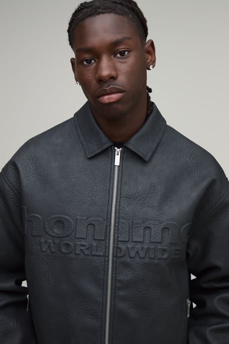 Boxy Fit Embossed Homme PU Harrington Jacket - Image 3