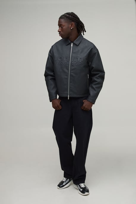 Boxy Fit Embossed Homme PU Harrington Jacket - Image 4