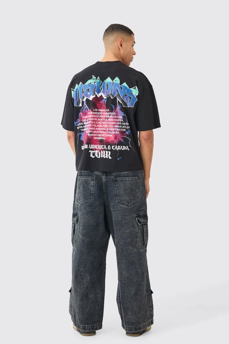 Elastic Waist Acid Wash Parachute Cargo Jeans In Black - Image 2