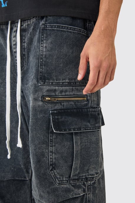 Elastic Waist Acid Wash Parachute Cargo Jeans In Black - Image 3
