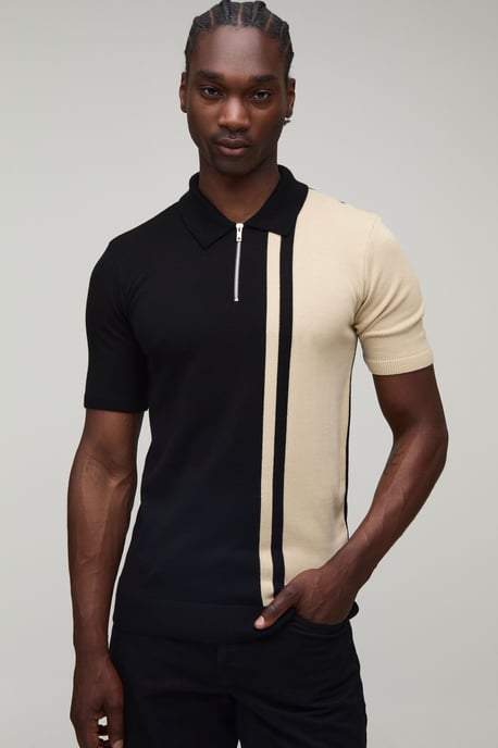 Tall Short Sleeve Muscle Fit Colour Block Knit Polo - Image 1