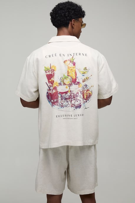 Printed Linen Look Regular Fit Shirt & Short Set - Image 1