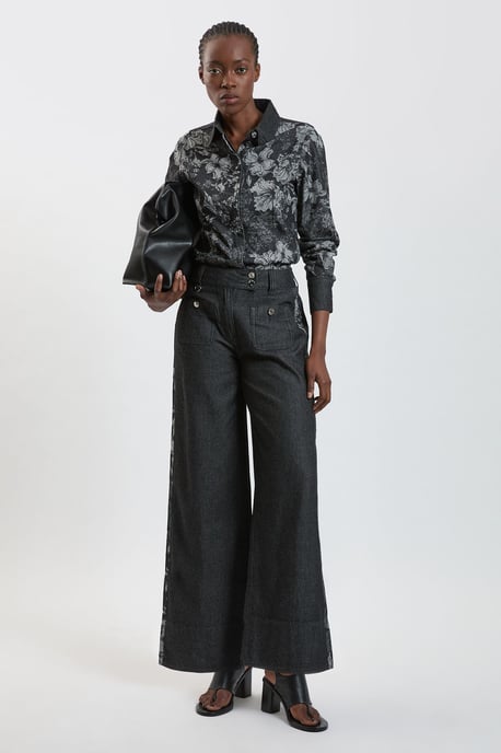Jacquard Denim Contrast Collar and Cuff Shirt - Image 1