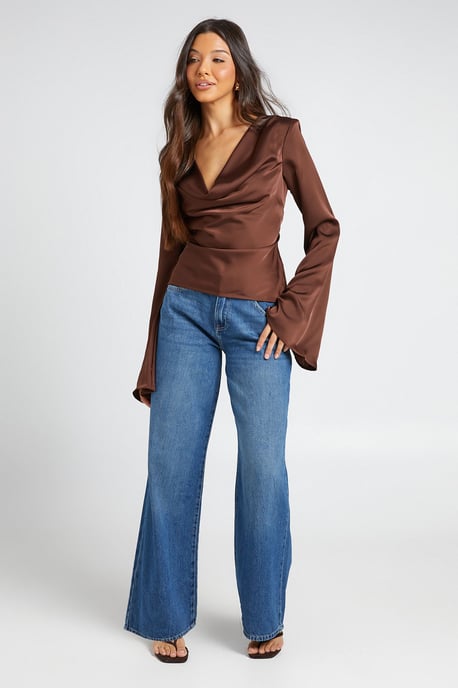 Long Sleeve Satin Cowl Neck Top - Image 3
