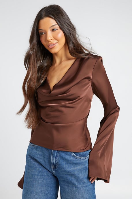 Long Sleeve Satin Cowl Neck Top - Image 4