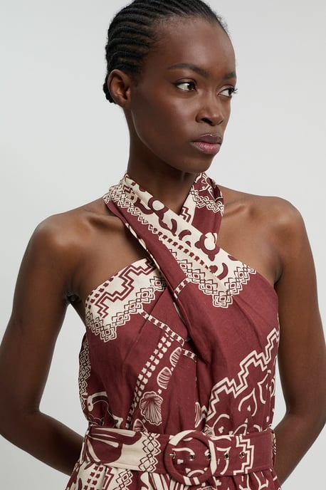 Petite Linen viscose tile print belted woven jumpsuit - Image 4