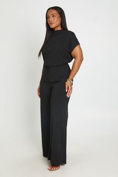Plus Crepe Grown On Neck Drawstring Waistband Wide Leg Jumpsuit - Image 3
