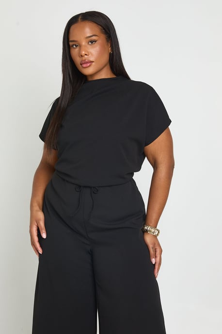 Plus Crepe Grown On Neck Drawstring Waistband Wide Leg Jumpsuit - Image 4
