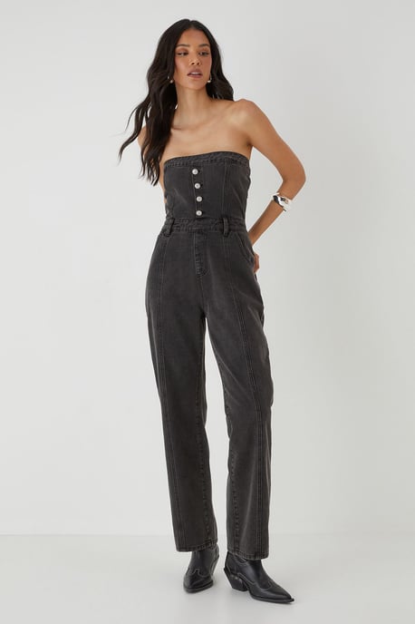 Bandeau Button Up Denim Jumpsuit - Image 4