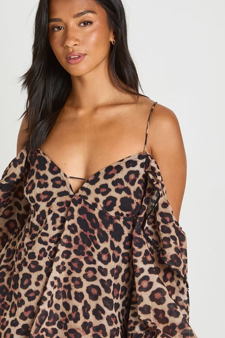 Petite Leopard Chiffon Cold Shoulder Ruffle Playsuit - Image 4