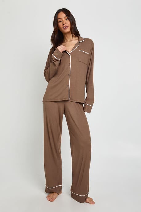 Tall Soft Rib Long Sleeve Shirt & Trouser PJ Set - Image 1