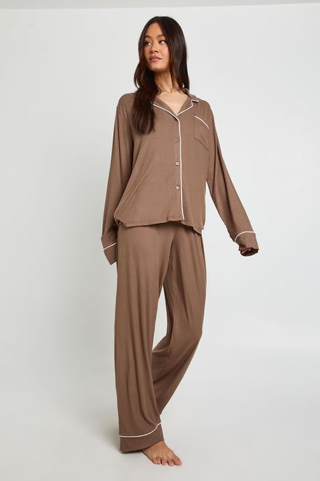 Tall Soft Rib Long Sleeve Shirt & Trouser PJ Set - Image 3