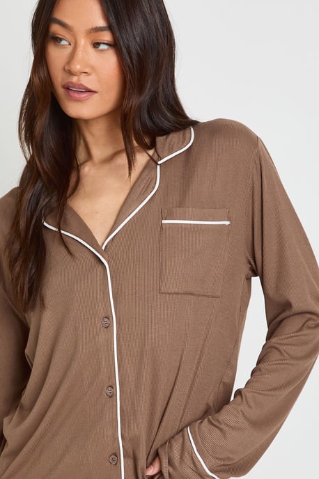 Tall Soft Rib Long Sleeve Shirt & Trouser PJ Set - Image 4