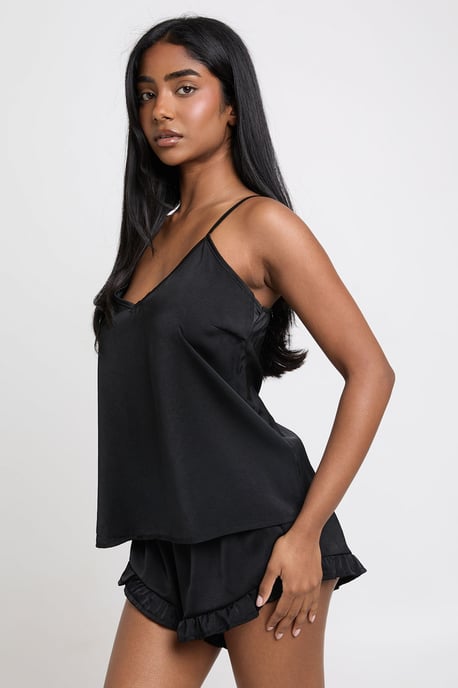 Satin Cami & Frill Detail Short Pyjama Set - Image 3