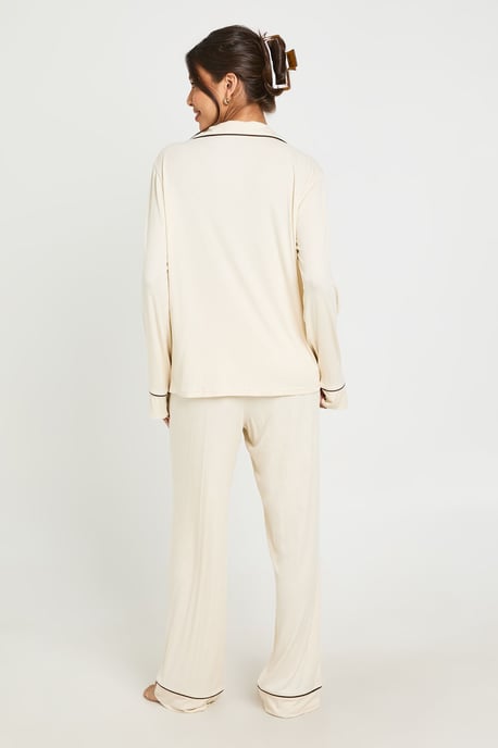 Soft Rib Piping Detail Long Sleeve Shirt & Trouser Pyjama Set - Image 2