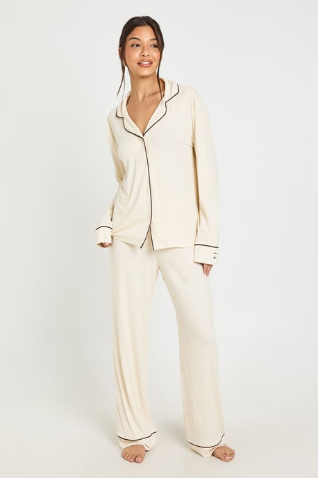 Soft Rib Piping Detail Long Sleeve Shirt & Trouser Pyjama Set - Image 3
