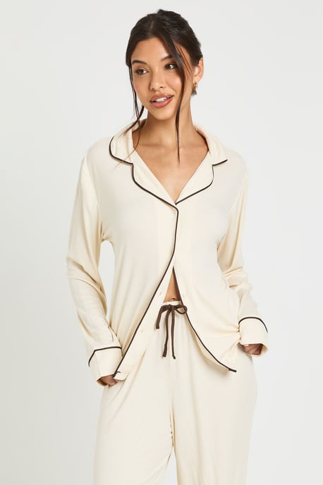 Soft Rib Piping Detail Long Sleeve Shirt & Trouser Pyjama Set - Image 4