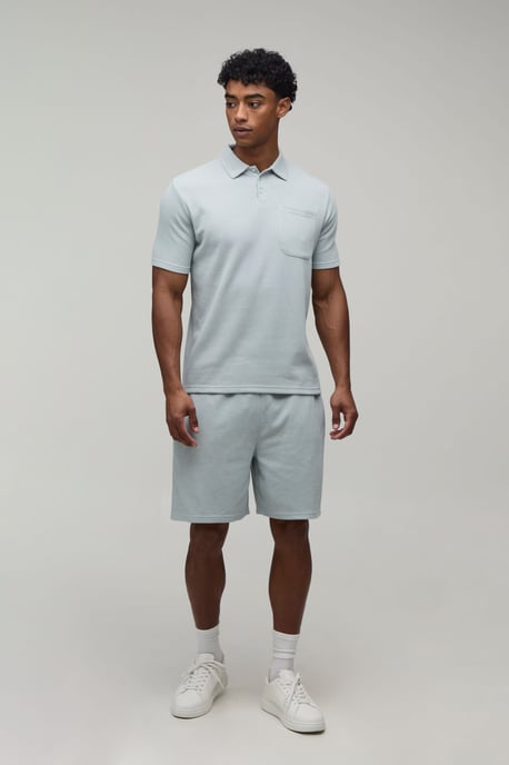 Regular Fit Waffle Button Neck Pocket Polo & Shorts Set - Image 4