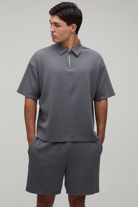 Oversized Boxy Waffle Zip Neck Polo & Baggy Shorts Set - Image 1