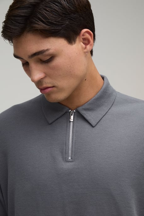 Oversized Boxy Waffle Zip Neck Polo & Baggy Shorts Set - Image 3