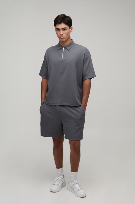 Oversized Boxy Waffle Zip Neck Polo & Baggy Shorts Set - Image 4