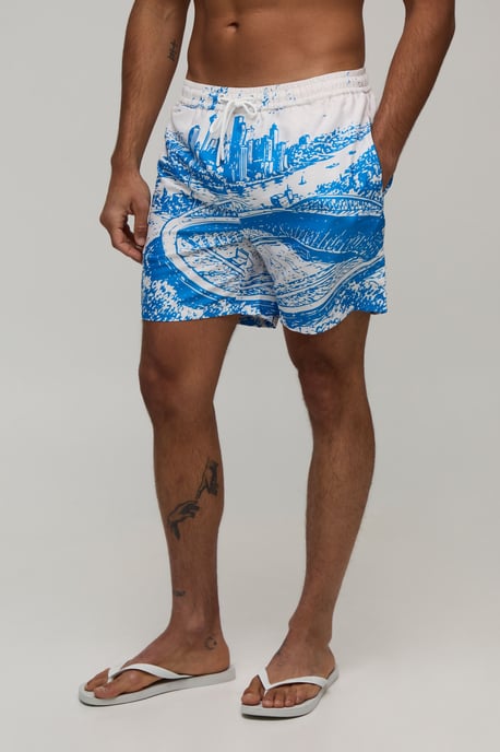 Football Stadium Cityscape Mid Length Swim Short - Image 1