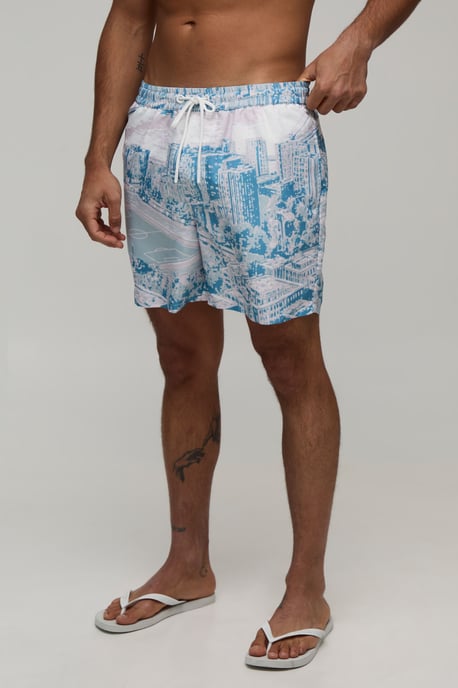 Football Stadium Cityscape Mid Length Swim Short - Image 1