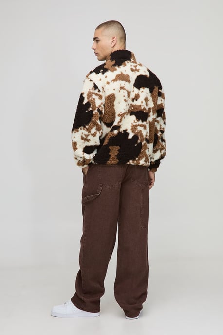 Oversized Boxy Borg Cow Print Quarter Zip Funnel Sweatshirt - Image 2
