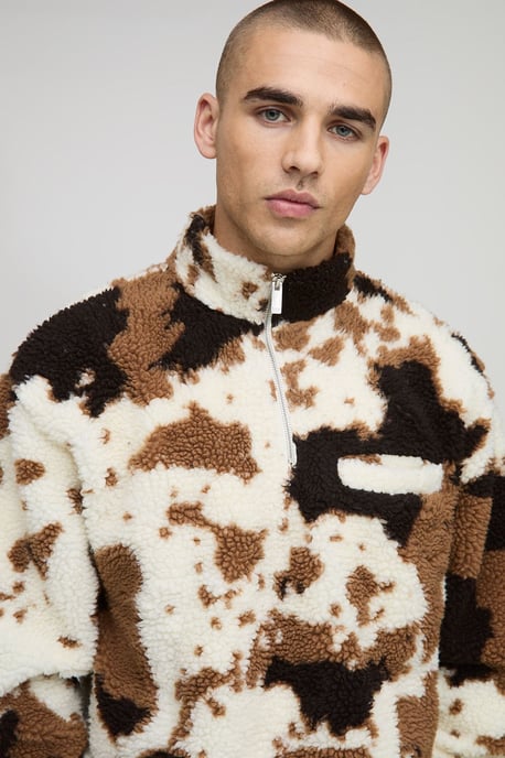 Oversized Boxy Borg Cow Print Quarter Zip Funnel Sweatshirt - Image 3