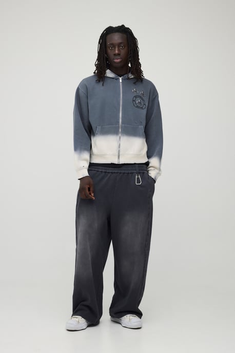 Oversized Boxy Gothic Embroidered Washed Distressed Zip Through Hoodie - Image 4