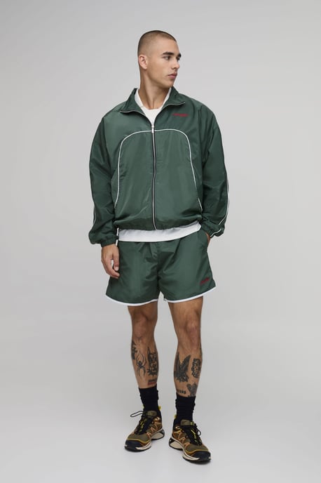 Boxy Shell Seam Embroidered Funnel Dual Zip Short Tracksuit - Image 4